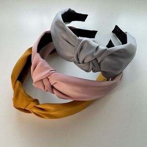 Three Knotted Wide Headbands Head Solid Gray Pink Mustard Preppy Prep Silky Silk